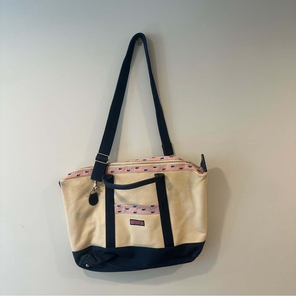 Vineyard Vines Canvas Whale Pink Seersucker Travel Duffel Weekender Bag